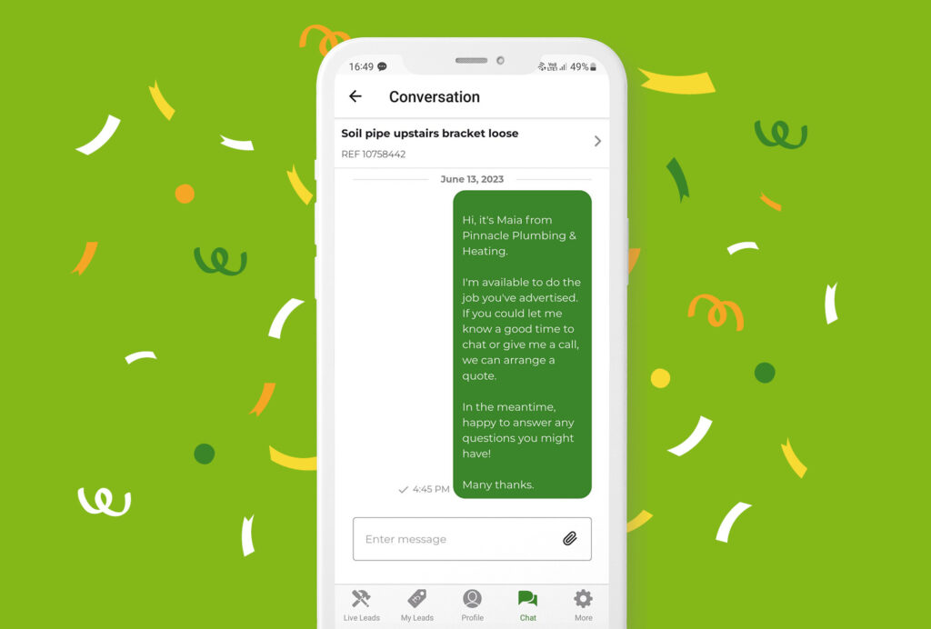 Illustration of the chat feature of the Rated People trades app on a phone